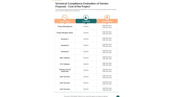 Technical Compliance Evaluation Of Vendor Proposal Cost Of The Project One Pager Sample Example Document