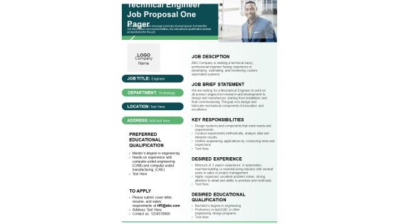 Technical Engineer Job Proposal One Pager PDF Document PPT Template