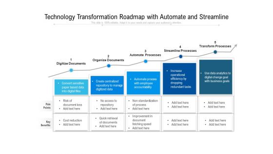 Technology Transformation Roadmap With Automate And Streamline Ppt PowerPoint Presentation File Example Introduction PDF