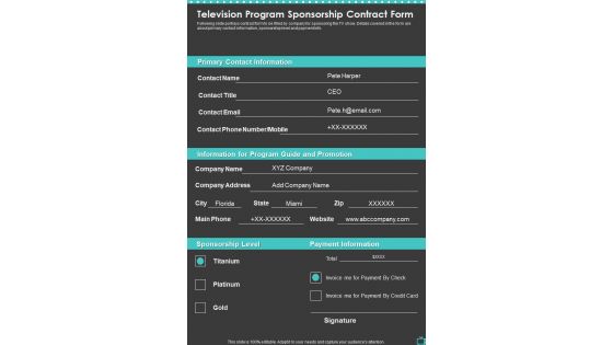 Television Program Sponsorship Contract Form One Pager Sample Example Document Television Program Sponsorship Contract Form One Pager Sample Example Document