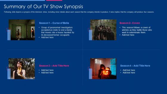 Television Show Fundraising Pitch Deck Summary Of Our Tv Show Synopsis Icons PDF