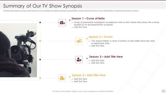 Television Show Pitch Deck Summary Of Our TV Show Synopsis Ppt Portfolio Designs PDF