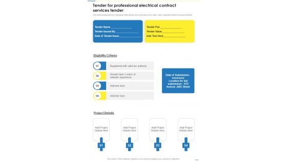 Tender For Professional Electrical Contract Services Tender One Pager Sample Example Document