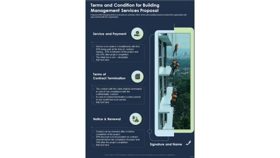 Terms And Condition For Building Management Services Proposal One Pager Sample Example Document