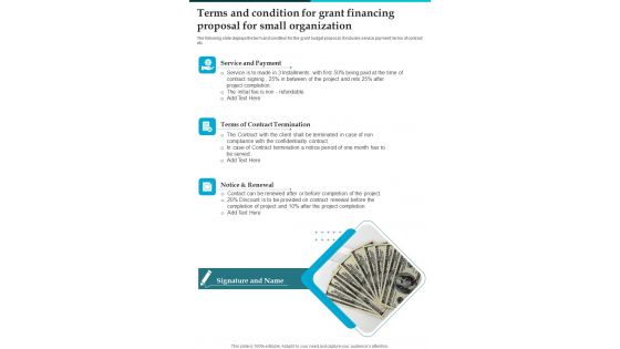 Terms And Condition For Grant Financing Proposal For Small Organization One Pager Sample Example Document