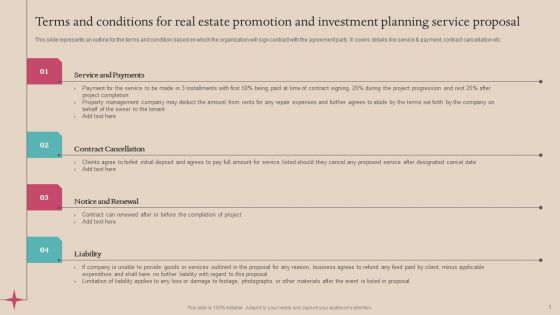 Terms And Conditions For Real Estate Promotion And Investment Planning Service Proposal Inspiration PDF