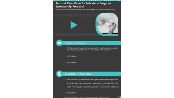 Terms And Conditions For Television Program Sponsorship Proposal One Pager Sample Example Document Terms And Conditions For Television Program Sponsorship Proposal One Pager Sample Example Document