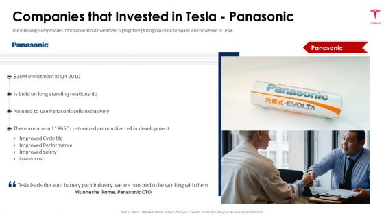 Tesla Capital Raising Elevator Companies That Invested In Tesla Panasonic Ppt PowerPoint Presentation File Graphics PDF