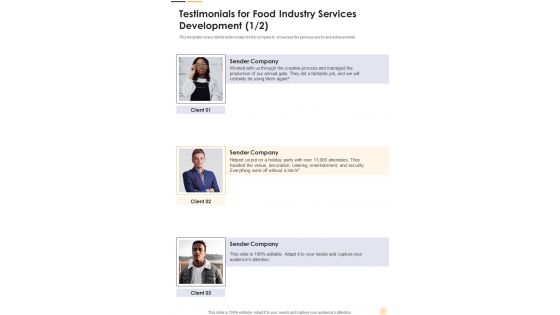 Testimonials For Food Industry Services Development One Pager Sample Example Document
