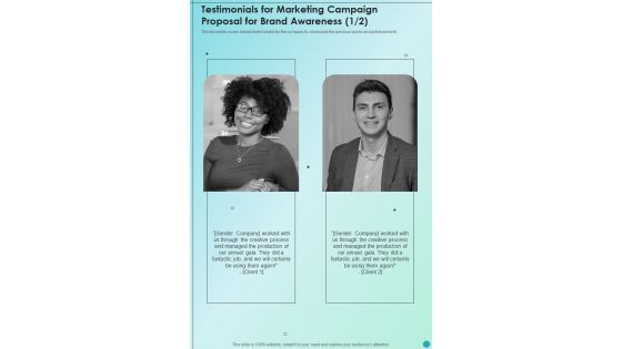 Testimonials For Marketing Campaign Proposal For Brand Awareness One Pager Sample Example Document