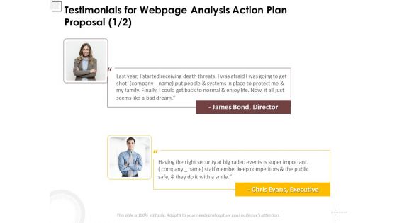 Testimonials For Webpage Analysis Action Plan Proposal Ppt PowerPoint Presentation Gallery Templates PDF