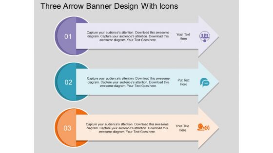 Three Arrow Banner Design With Icons Powerpoint Template