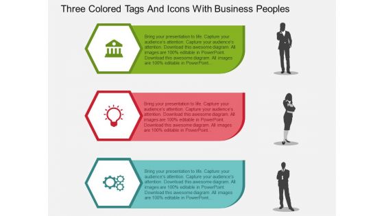 Three Colored Tags And Icons With Business Peoples Powerpoint Templates