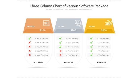 Three Column Chart Of Various Software Package Ppt PowerPoint Presentation Slides Show PDF