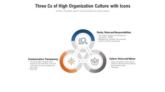 Three Cs Of High Organization Culture With Icons Ppt PowerPoint Presentation Inspiration Graphics