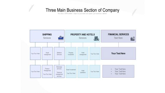 Three Main Business Section Of Company Ppt PowerPoint Presentation File Example File PDF