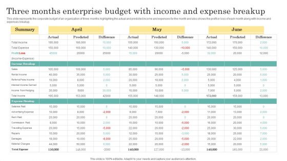 Three Months Enterprise Budget With Income And Expense Breakup Rules PDF