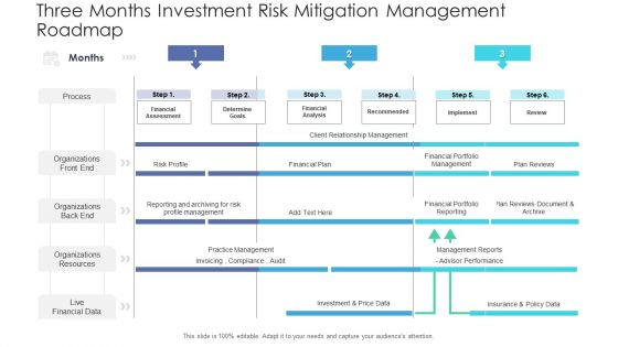 Three Months Investment Risk Mitigation Management Roadmap Portrait