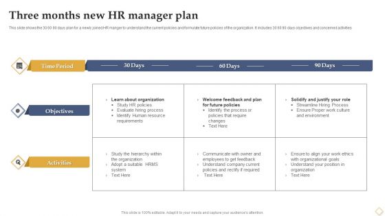 Three Months New HR Manager Plan Ppt Pictures Deck PDF