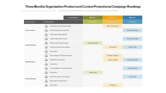 Three Months Organization Product And Content Promotional Campaign Roadmap Clipart