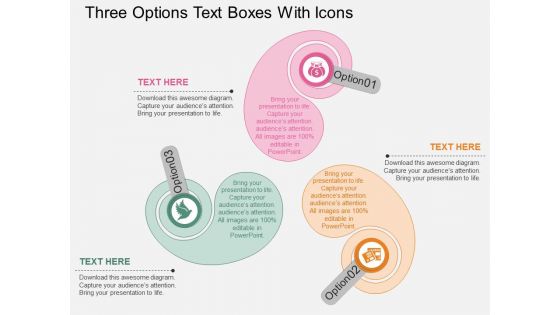 Three Options Text Boxes With Icons Powerpoint Template