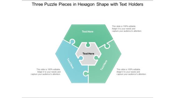 Three Puzzle Pieces In Hexagon Shape With Text Holders Ppt Powerpoint Presentation Inspiration Graphics Example