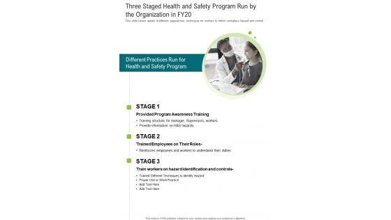 Three Staged Health And Safety Program Run By The Organization In FY20 One Pager Documents