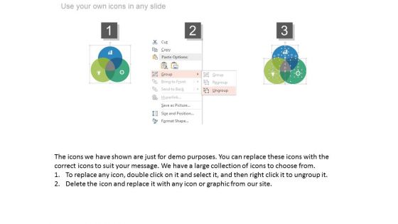 Three Steps Venn Diagram With Icons Powerpoint Slides