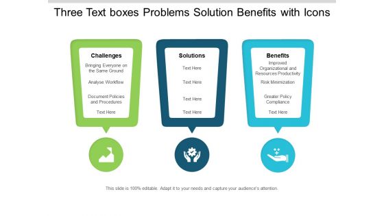 Three Text Boxes Problems Solution Benefits With Icons Ppt PowerPoint Presentation Inspiration Deck