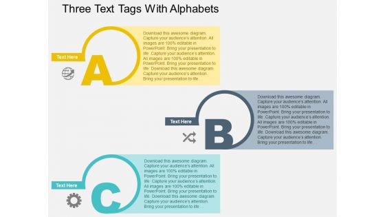 Three Text Tags With Alphabets Powerpoint Templates