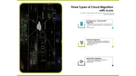 Three Types Of Cloud Migration With Icons Ppt PowerPoint Presentation Gallery Elements PDF Three Types Of Cloud Migration With Icons Ppt PowerPoint Presentation Gallery Elements PDF