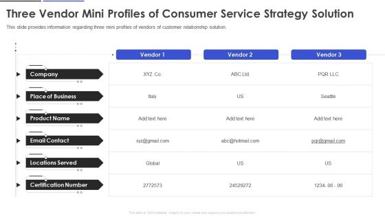 Three Vendor Mini Profiles Of Consumer Service Strategy Solution Template PDF Three Vendor Mini Profiles Of Consumer Service Strategy Solution Template PDF