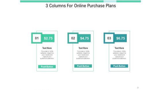 Three Verticals Subscription Plan Purchase Plans Arrows Ppt PowerPoint Presentation Complete Deck