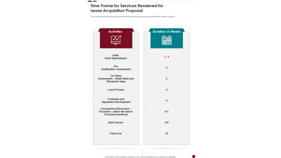 Time Frame For Services Rendered For Lease Acquisition Proposal One Pager Sample Example Document