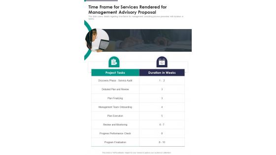 Time Frame For Services Rendered For Management Advisory Proposal One Pager Sample Example Document Time Frame For Services Rendered For Management Advisory Proposal One Pager Sample Example Document