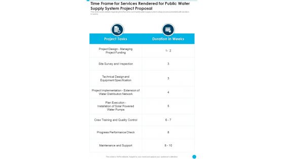 Time Frame For Services Rendered For Public Water Supply System Project Proposal One Pager Sample Example Document