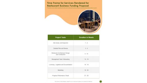 Time Frame For Services Rendered For Restaurant Business Funding Proposal One Pager Sample Example Document
