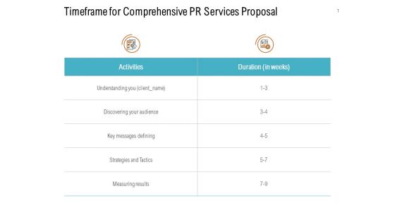 Timeframe For Comprehensive PR Services Proposal Ppt PowerPoint Presentation Styles Master Slide Timeframe For Comprehensive PR Services Proposal Ppt PowerPoint Presentation Styles Master Slide