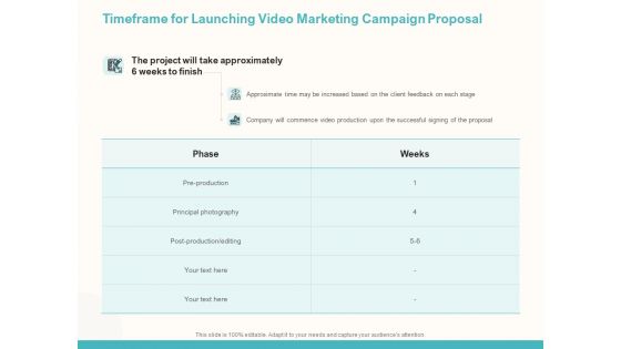 Timeframe For Launching Video Marketing Campaign Proposal Ppt Infographics Layout Ideas PDF