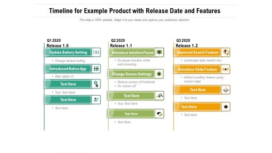 Timeline For Example Product With Release Date And Features Ppt PowerPoint Presentation Gallery Professional PDF