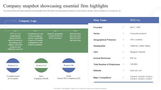 Toolkit To Administer Tactical Company Snapshot Showcasing Essential Firm Highlights Template PDF