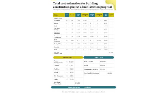 Total Cost Estimation For Building Construction Project Administration Proposal One Pager Sample Example Document
