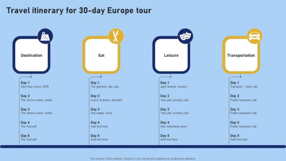 Tour And Travel Agency Marketing Travel Itinerary For 30 Day Europe Tour Pictures PDF Tour And Travel Agency Marketing Travel Itinerary For 30 Day Europe Tour Pictures PDF