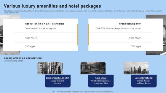 Tour And Travel Agency Marketing Various Luxury Amenities And Hotel Packages Formats PDF