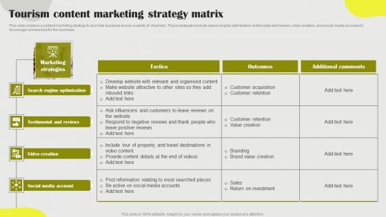 Tourism Content Marketing Strategy Matrix Infographics PDF
