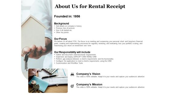 Tracking Rent Receipt Invoice Summary About Us For Rental Receipt Ppt Model Slide PDF