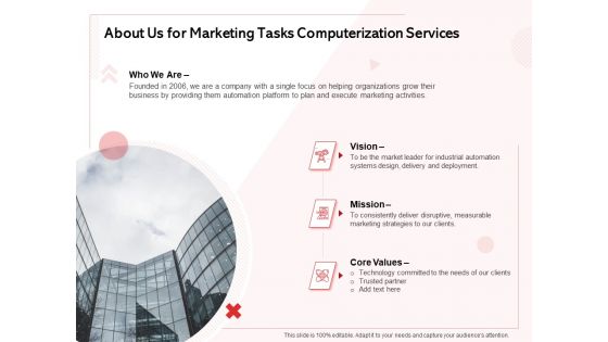 Transforming Marketing Services Through Automation Proposal About Us For Marketing Tasks Computerization Services Ideas PDF