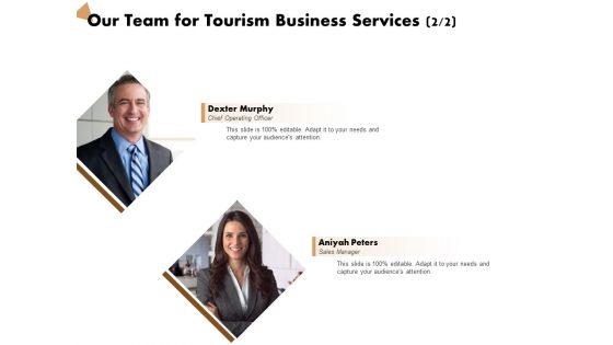 Travel And Leisure Commerce Proposal Our Team For Tourism Business Services Ppt Ideas Show PDF