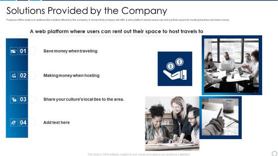 Travel And Tour Operator Startup Company Investor Financing Pitch Deck Solutions Provided By The Company Template PDF
