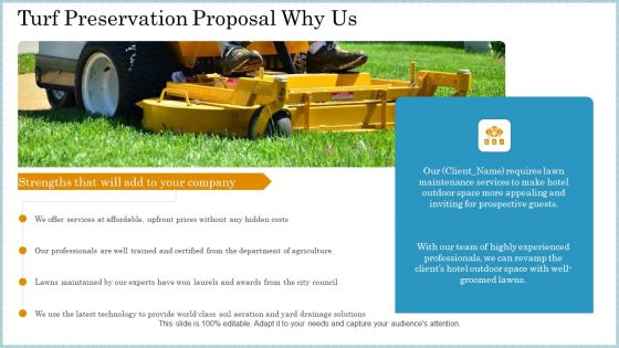 Turf Preservation Proposal Why Us Ppt Ideas Graphic Tips PDF